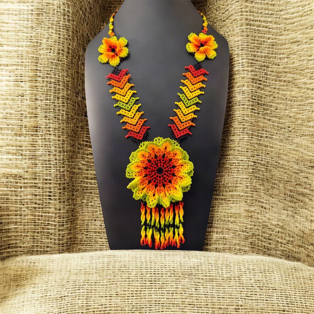 Handcrafted 3 Dimensional Floral Seed Bead Statement Necklace